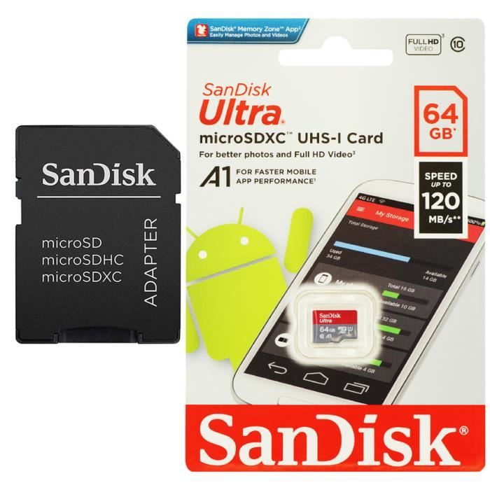 Lot de 3 Sandisk ultra 64 Go Carte Mémoire Micro SDXC MicroSDXC Class 10  UHS-I 120Mb/s - Cdiscount Appareil Photo