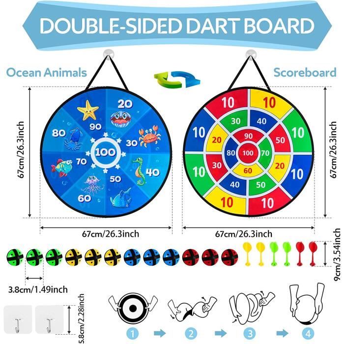 Jeu De Fléchettes Toy Sports Double Face – 66,5 Cm, 12 Balles Velcro + 6 Fléchettes – Avec Ventouse Et Crochets – Pour Enfants 4-12 Ans, Intérieur/extérieur
