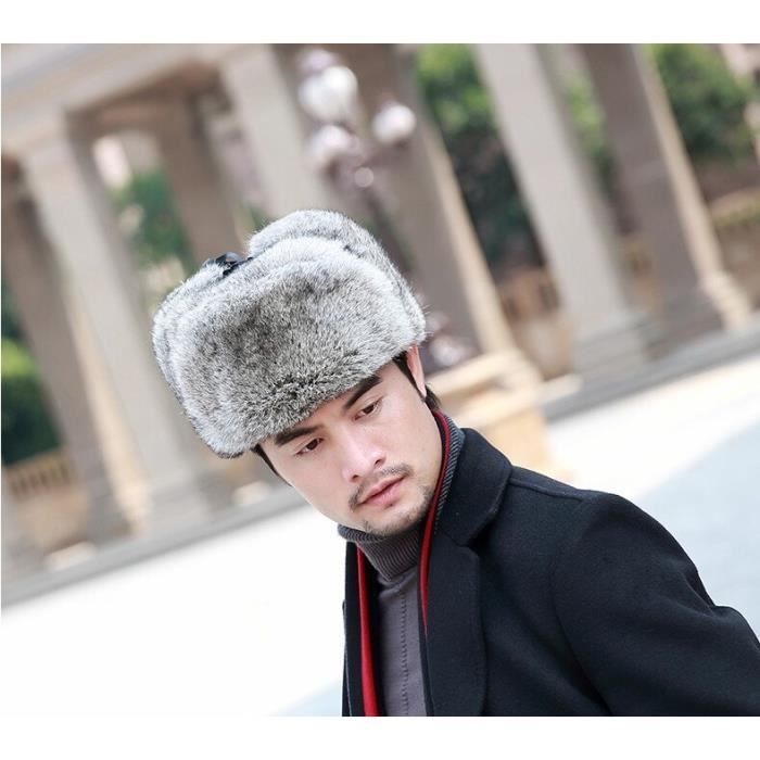 Casquette,Chapeau d'hiver en fourrure de lapin pour homme,haute  qualité,100% véritable,Lei Feng,avec - Type grass gray - L(60)