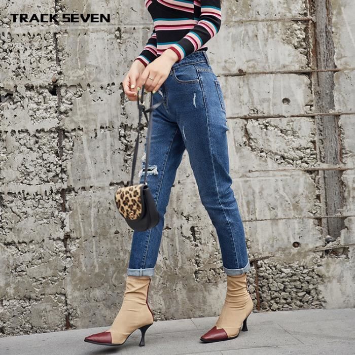 Jeans femme jaune M taille haute decontracte extensible trou casse petit pied femelle Bleu Cdiscount Pret a Porter