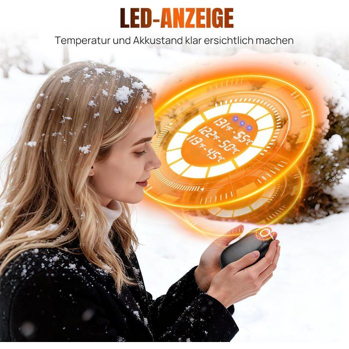 Chauffe-main Portable 2-en-1 Rechargeable – 23h D’autonomie, 3 Températures, Magnétique, 6000 MAh – Cadeau Hiver