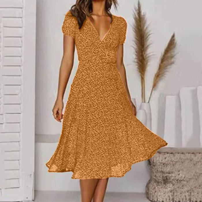Robe mi longue femmes ete sexy causal col en v bandage dot impression robes decontractees a manches courtes 312 Jaune Cdiscount Pret a Porter