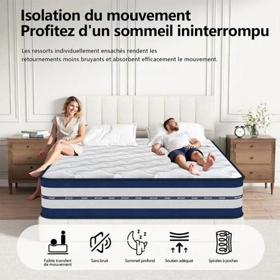 Matelas Hybride 140x200 25cm Épaisseur - Ressorts Ensachés + Mousse Mémoire De Forme - Fermeté Moyenne (H3) - Certifié Oeko-Tex - Livraison En Boîte
