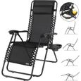 Chaise longue de jardin inclinable Chaise pliable avec porte-gobelet appui-tête Fauteuil relax Transat jardin noir-0