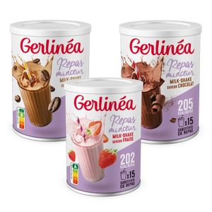 SUBSTITUT DE REPAS Gerlinéa - Lot de 3 Boissons Milkshake goût Café, Chocolat et Fraise - Substituts de repas riches en protéines - Contient 30 repas