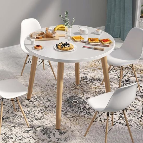 Ensemble Salle à Manger 5 Pièces - Table Ronde 115 Cm + 4 Chaises Orange Similicuir - Pour Cuisine, Petit Espace, Appartement - 2