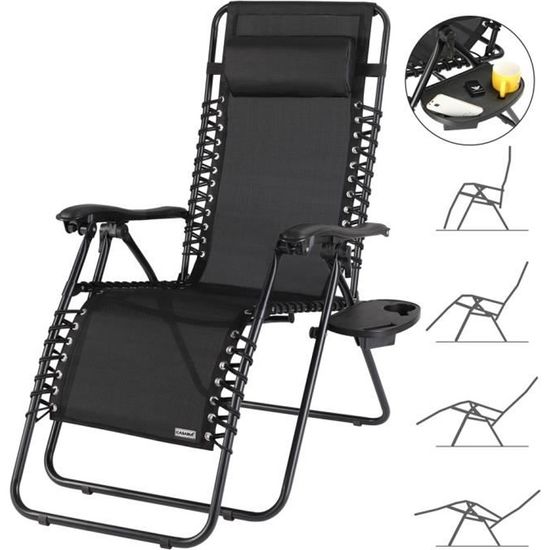 Chaise longue de jardin inclinable Chaise pliable avec porte-gobelet appui-tête Fauteuil relax Transat jardin noir