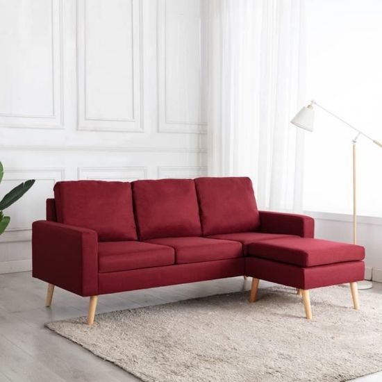 BEST SALE ®2213 Canapé droit fixe 3 places - Sofa Divan Canapé Confortable avec repose-pied Rouge bordeaux Tissu