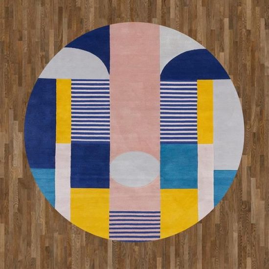Tapis,Multicolor Blue, Round Ø100 Cm, Multicolour Geometric Design ...