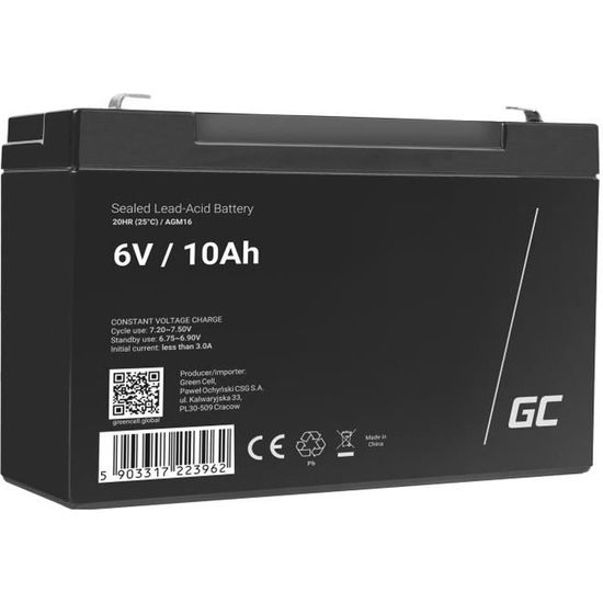GreenCell®  Rechargeable Batterie AGM 6V 10Ah accumulateur au Gel Plomb Cycles sans Entretien VRLA Battery étanche Résistantes