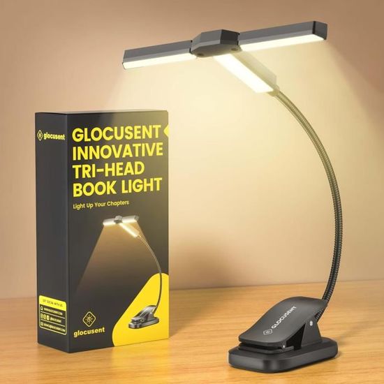 Lampe De Lecture Glocusent 3 Têtes - 3 Couleurs, 5 Luminosités - Rechargeable Type-C - Timer 30min