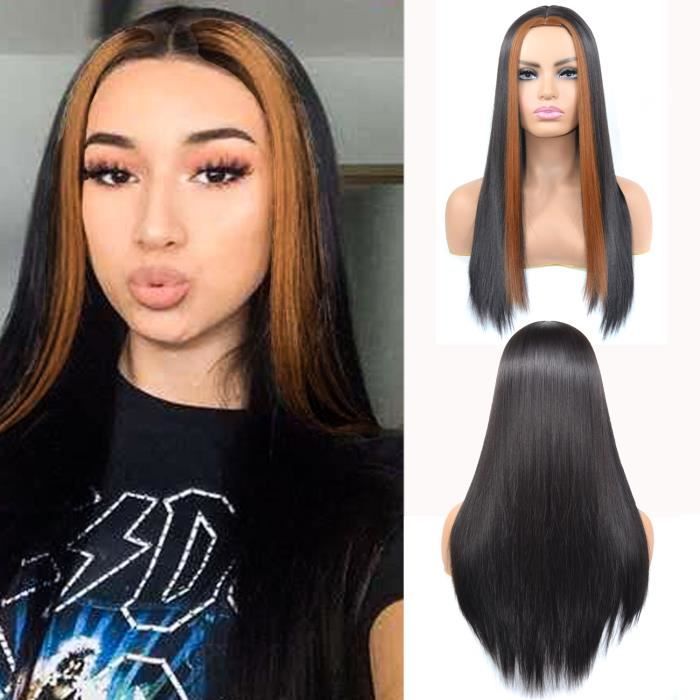 60CM Perruque brune teinte droite de long, perruque naturelle, cheveux raides pour femmes, cheveux brésiliens