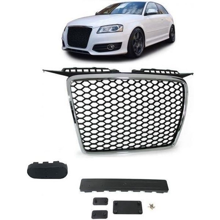 CALANDRE CHROME ET NOIR AVEC GRILLE NID D'ABEILLE POUR AUDI A3 8P ET SPORTBACK DE 09/2004 A 06/2008