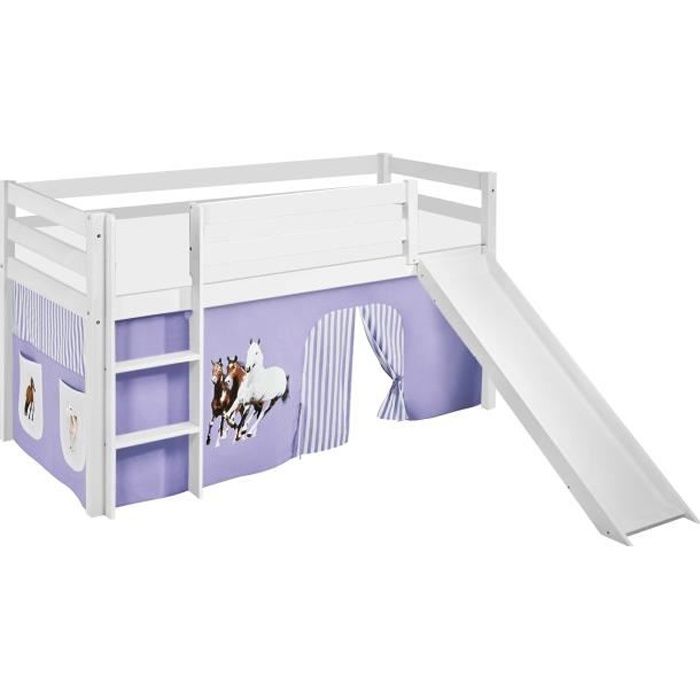 Lit surélevé ludique JELLE 90 x 190 cm Chevaux lilas beige - avec rideaux et toboggan - LILOKIDS - blanc laqué