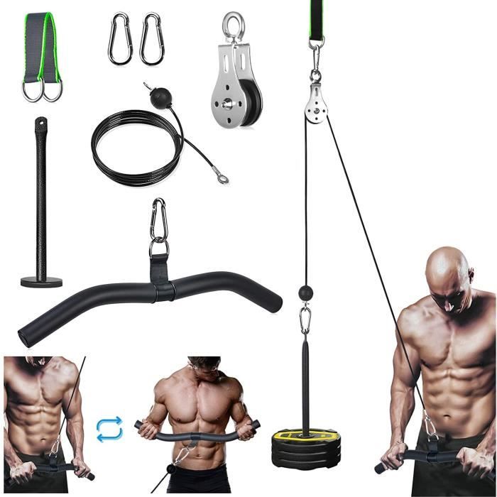 Poulie Musculation Système de Fitness avec Câble pour Traction LAT et Soulever, 2m DIY Équipement avec Poignées et Plaque pour Exerc