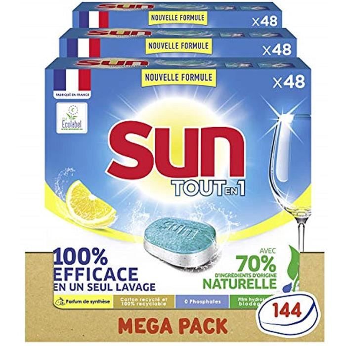 Sun Tablettes Lave-Vaisselle x144 Tout-En-1 Citron Fabriqué en France Eco Label 144 Lavages (Lot de 3x48 tablettes)