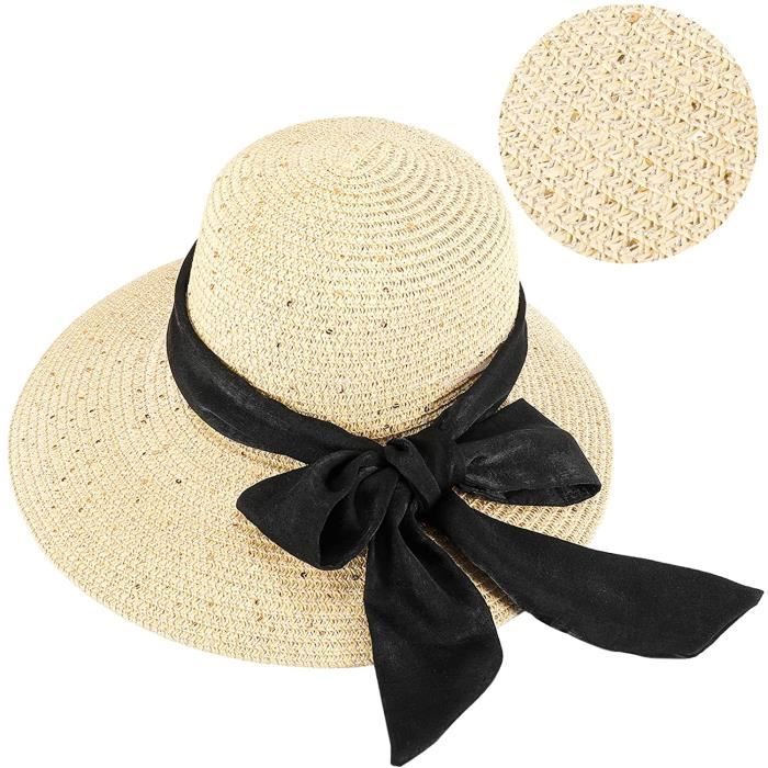 GIKPAL Chapeau de Paille Pliable Femme, Chapeau de Paille Large Bord, Capeline Plage Soleil Anti-UV Élégant Chic avec Un Joli Ruban