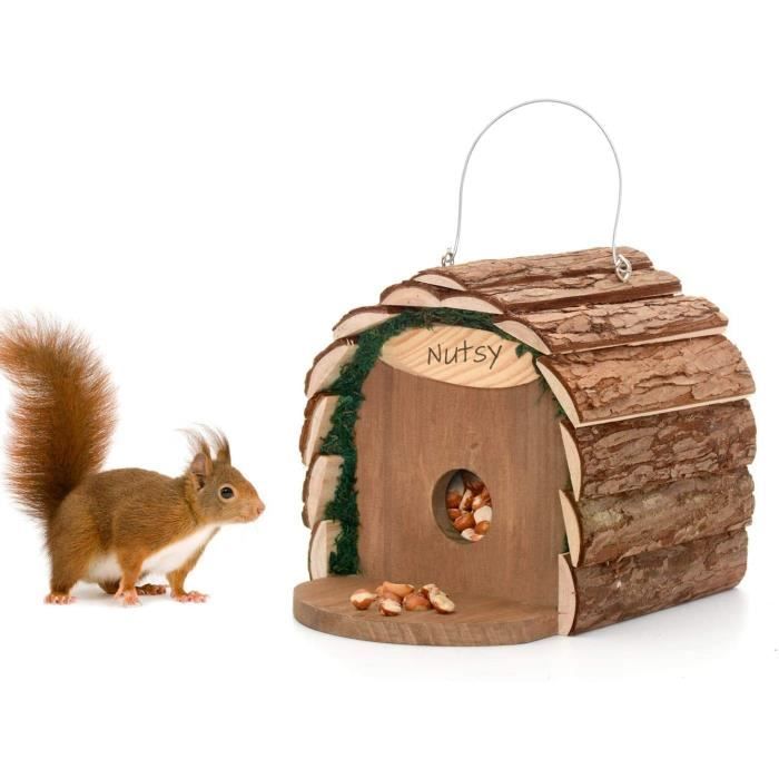 Mangeoire Écureuil Exterieur Mangeoire à oiseaux 2 en 1 bois rustique naturel résistant aux intempéries Distrubuteur de Nourriture