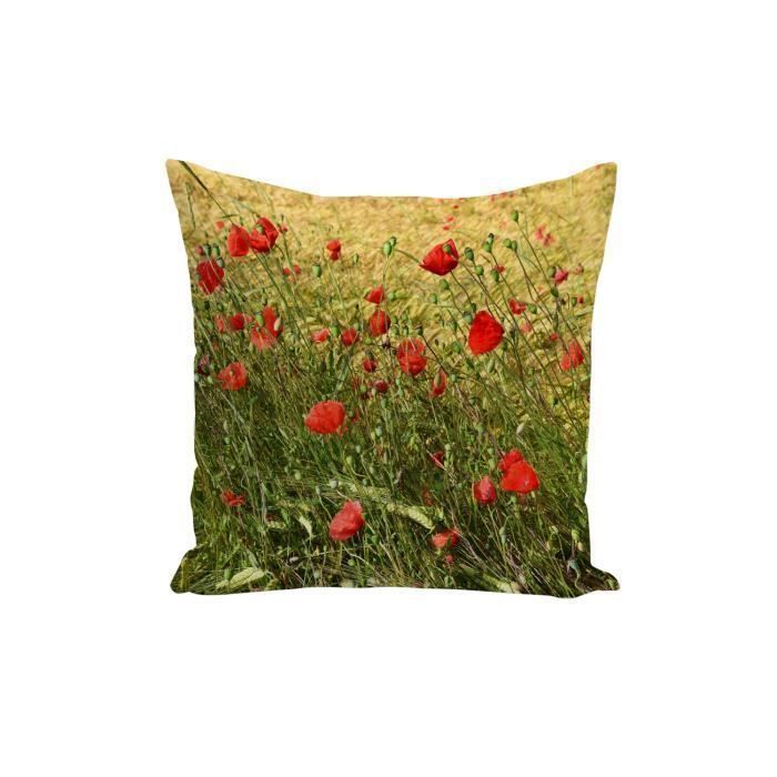 Housse de Coussin Champs avec des Coquelicots en Fleur et Montés à Graines Champêtre Vert et Rouge sur Fond de Champs de Blé 40x40cm