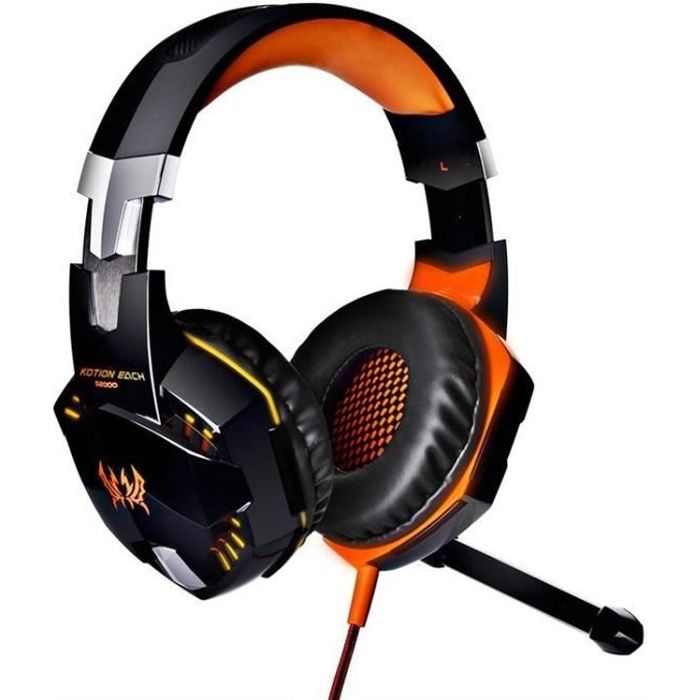 Kotion EACH G2000 Gaming Headset Over-oreille Deep Bass Earphone Casque stéréo avec microphone LED pour PC Gamer orange