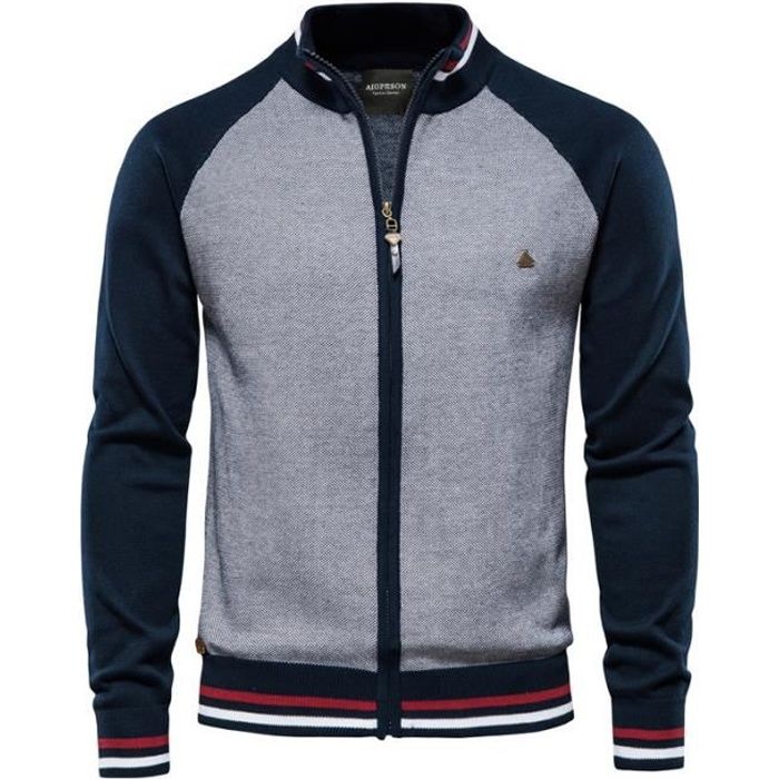 Cardigan Homme,Manches Longues Pull Col Montant tricoté,Cardigan Chaud Automne Hiver-Bleu Marine
