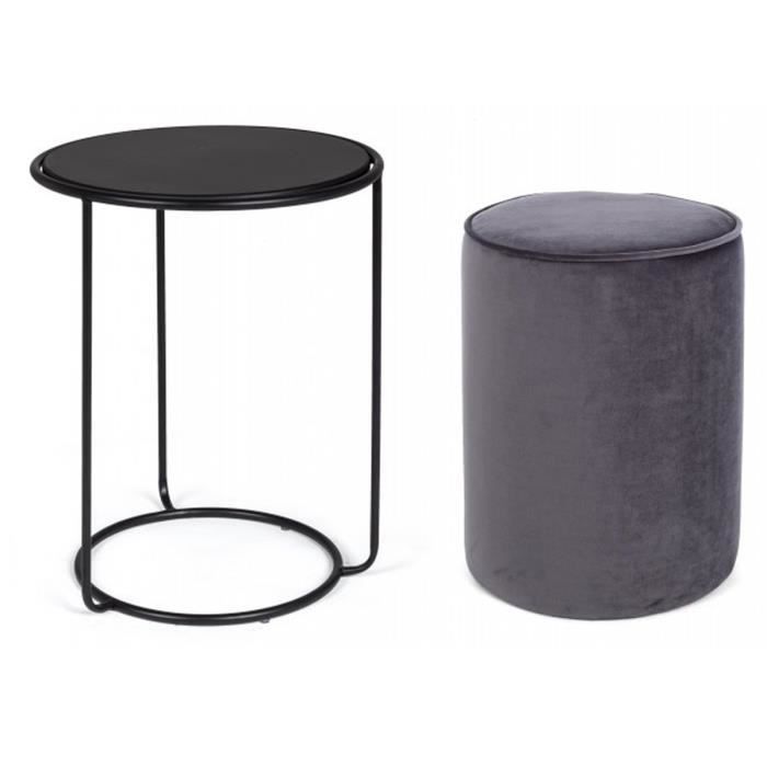 Set de table basse avec pouf coloris gris foncé en fer et bois