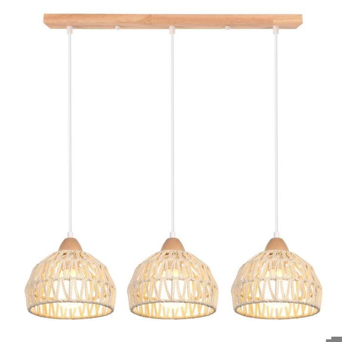 iDEGU Lustre Suspension Vintage Lampe Plafonnier en Bois Rotin Blanc E27 Luminaire Eclairage Design Cage Réglable pour Salon