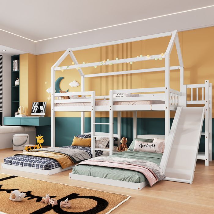 Lit superposé 90x200 cm Lit 2 personnes Lit enfant avec toboggan Avec échelle à trois niveaux et toit Avec 3 positions Pin+MDF