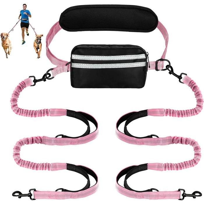 Laisse mains libres pour chien avec pochette - Laisse élastique double rétractable pour deux chiens ceinture réglable avec deux