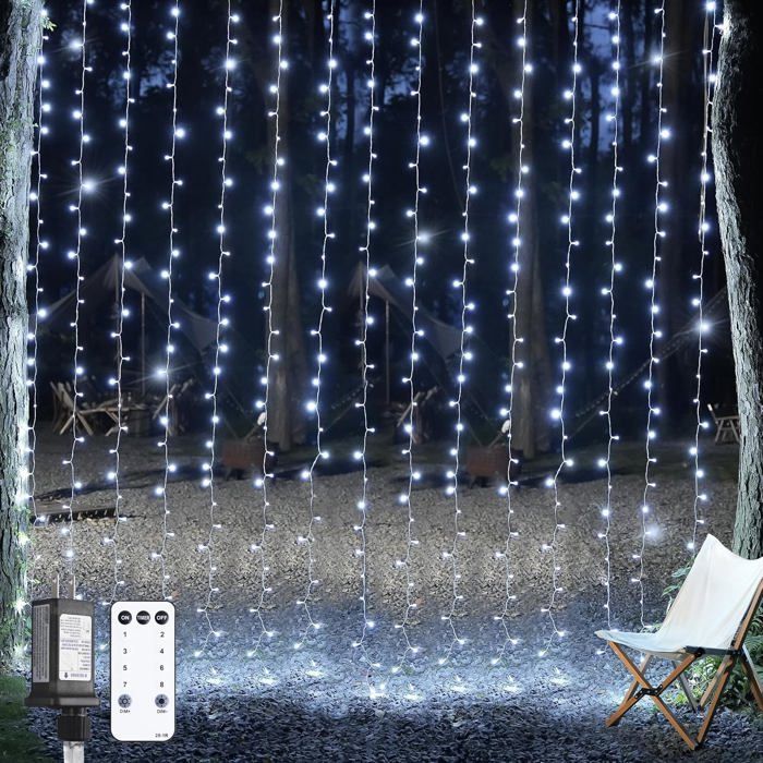 ®RisingFF Rideau lumineux blanc à 300 LED (3 x 3 m) avec télécommande guirlande lumineuse de Noël blanche pour intérieur 8 modes