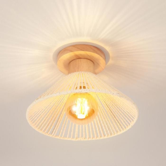iDEGU Retro Plafonnier 26cm Lustre Vintage en Rotin Metal Lampe de Plafond Industiel Style Retro Luminaire Design Chapeau Blanc