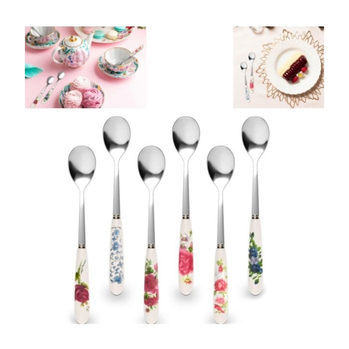 Ensemble de 6 cuillères à café -Accessoires de cuisine-Imprimé floral-Manche en céramique-Acier inoxydable durable-158 x 25 cm