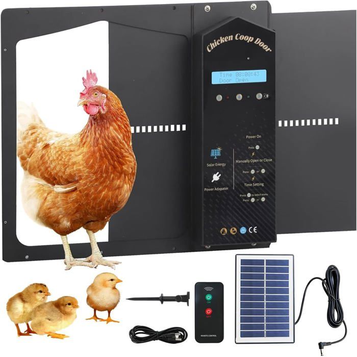 Meilleurs prix pour Porte automatique solaire pour poulailler avec minuterie fonction anti-pincement étanchéité IP65 et télécommande (noire)