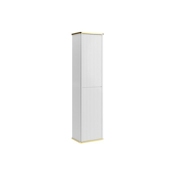 Colonne de salle de bain suspendue striée liseré doré - Blanc - H140 cm - KELIZA