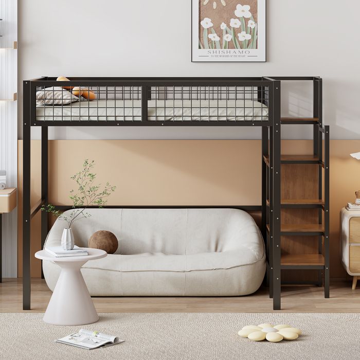 Lit mezzanine 140*200 avec échelle lit denfant avec cadre en fer et étagère de rangement armoire noire (Ancien SKU LDB00198AAB)