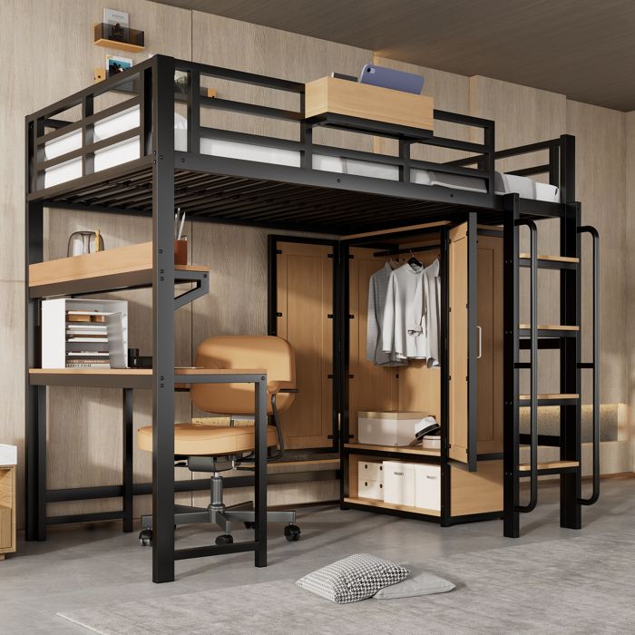 Lit mezzanine en fer 90x200cm armoire à deux portes bureau et étagère lit supérieur avec rangement lit surélevé Adulte/Enfant