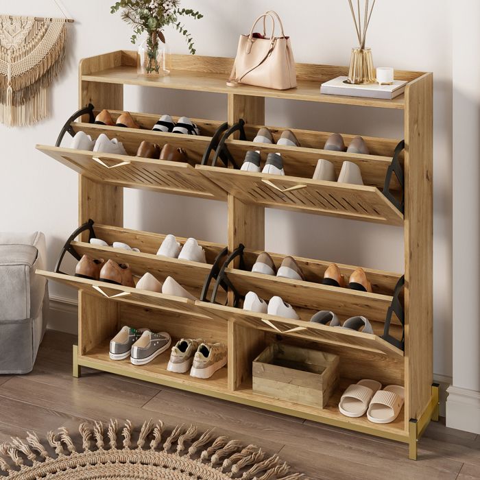 Meuble à chaussures avec 4 portes à lattes verticales évidées 2 étagères Armoire à chaussures 108.5x24x100 cm Meuble dentrée