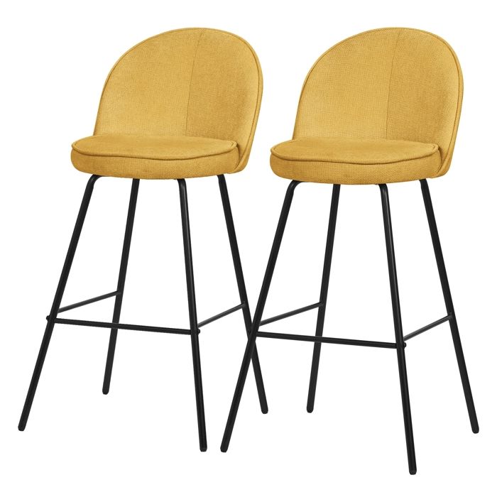 Lot 2 tabourets de bar ML-Design tissu moutarde hauteur 75 cm avec dossier et repose-pieds cuisine