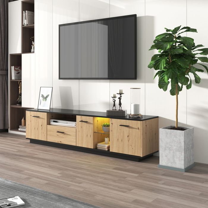 Meuble TV - 180 cm (Scandinave) - Éclairage LED 16 couleurs - 3 portes 1 tiroir - Noir et bois