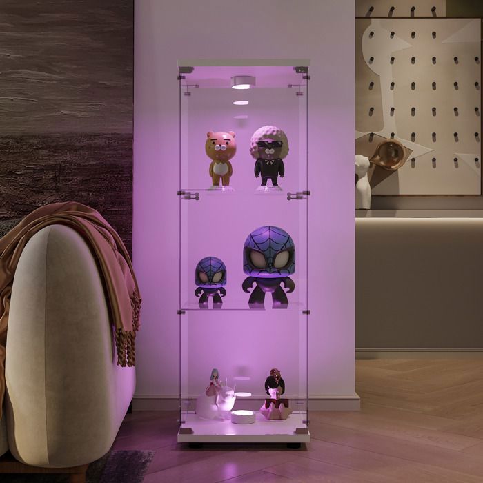 Vitrine en verre avec 3 étagères 1 porte LED armoire de collection blanche 42x36x125cm serrure et fond renforcé Design