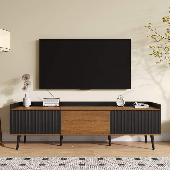 Meuble TV 160×39×495 cm en MDF et panneaux – 3 portes noir et naturel