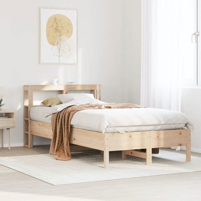 Cadre de lit en bois de pin - UU - 120x200 cm - Bois de pin massif - Étagères de rangement - Tête de lit
