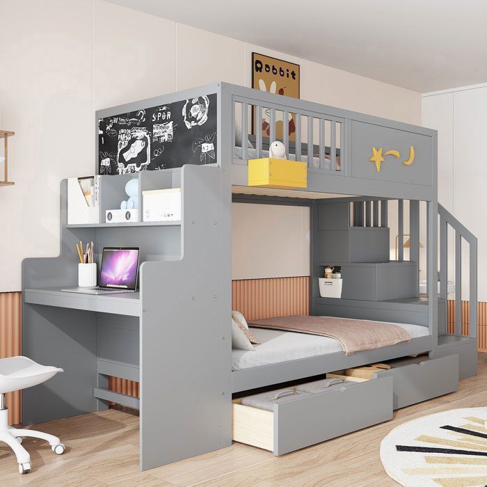 Lit Superposé Enfant 90x200 avec Bureau 2 Grands Tiroirs Échelle de Rangement Étagères Décoration Étoiles Bois Massif Gris