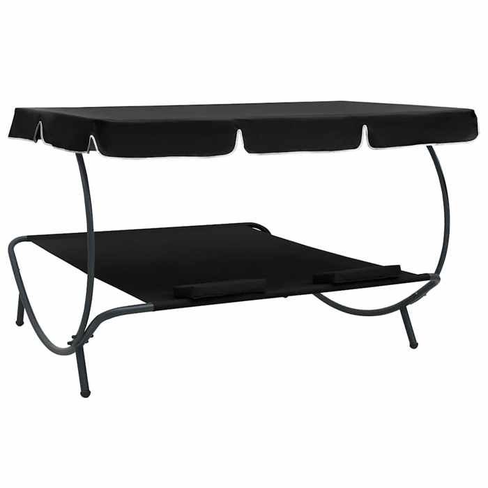 Lit de repos dextérieur - MEUBLECHIC - 200x180x135 cm - Noir - Auvent inclus - 2 oreillers 5 cm