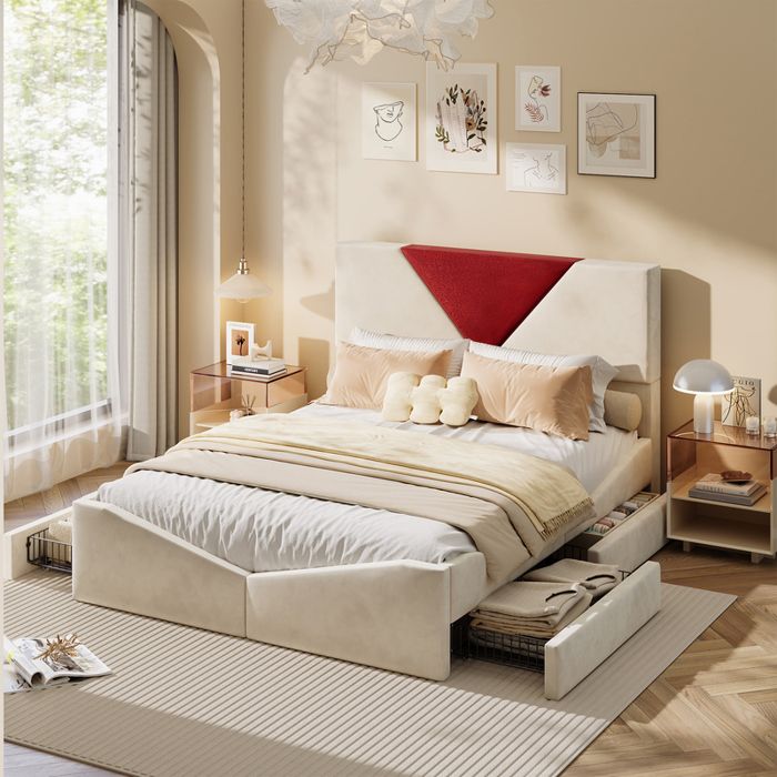 ADWOLT Lit 140x190 cm avec 4 Tiroirs Lit double 140x190 cm avec sommier Tissu velours Beige