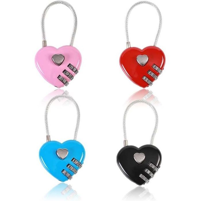 Cadenas en forme de cœur - MHY® - Lot de 4 - Mini serrure à code - Câble métallique - Code à 3 chiffres