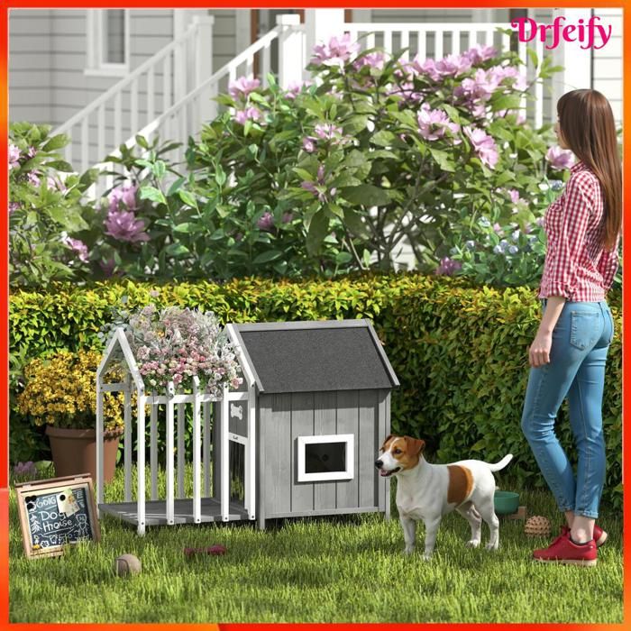 Niche pour chien - AKOZON - 11663 - Terrasse en bois - Toit en asphalte - Base surélevée gris