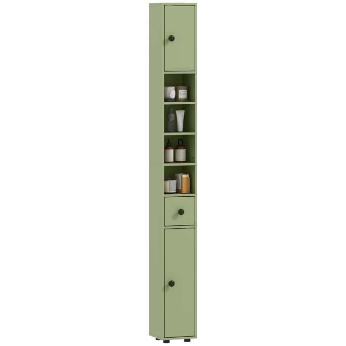 Meuble de salle de bain - kleankin - 4 étagères réglables 1 tiroir et 2 placards - 20x20x180cm - vert