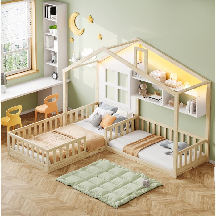 Lit cabane enfant 90x200 cm avec LED étagères et barrières de sécurité structure en bois blanc ou naturel