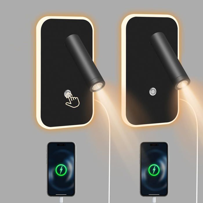 Lampe tête de lit 3 W + 9 W 3000 K lumière de lecture murale avec interrupteur datténuation continue et port de charge USB applique